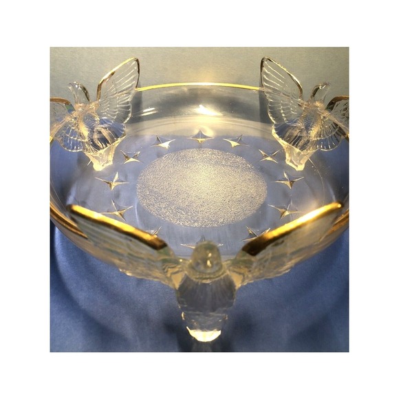 Unbranded Other - Glass Candy Dish Bowl American Eagle 3-Footed Embossed Stars Gold Trim Vintage
